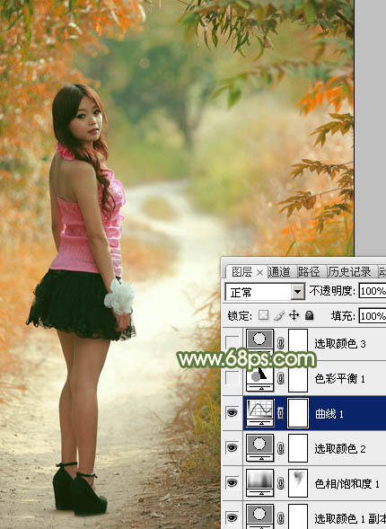 Photoshop将小树林中的美女调制出浓厚的橙绿色