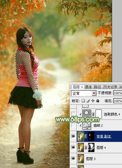 Photoshop将小树林中的美女调制出浓厚的橙绿色