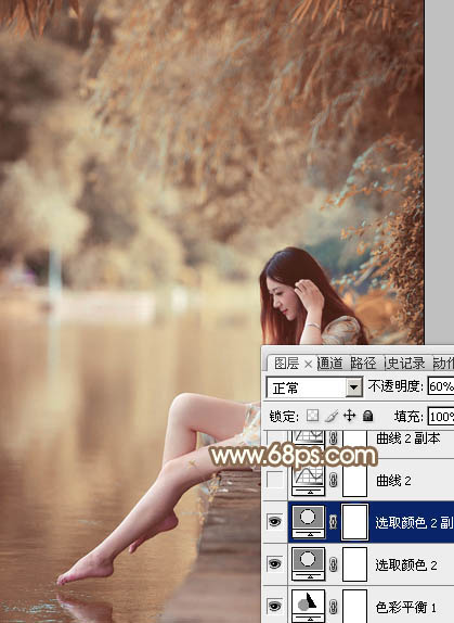 Photoshop为湖边戏水美女打造柔和淡美的红褐色