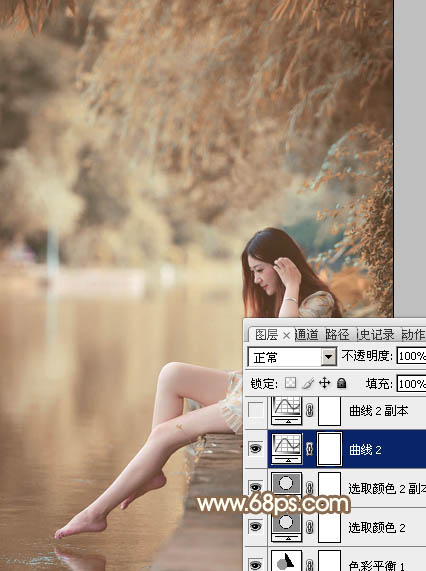 Photoshop为湖边戏水美女打造柔和淡美的红褐色