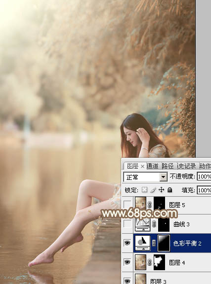 Photoshop为湖边戏水美女打造柔和淡美的红褐色