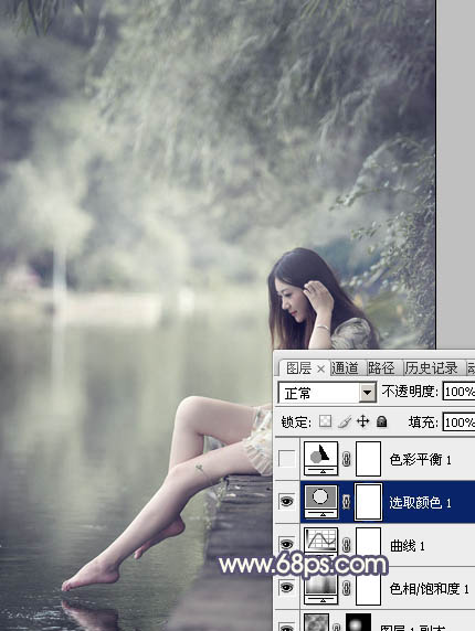 Photoshop为河边美女图片打造古典粉蓝色