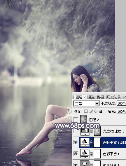 Photoshop为河边美女图片打造古典粉蓝色