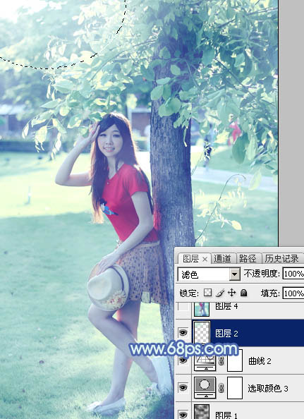 Photoshop为树边的女孩增加流行的淡调青蓝色
