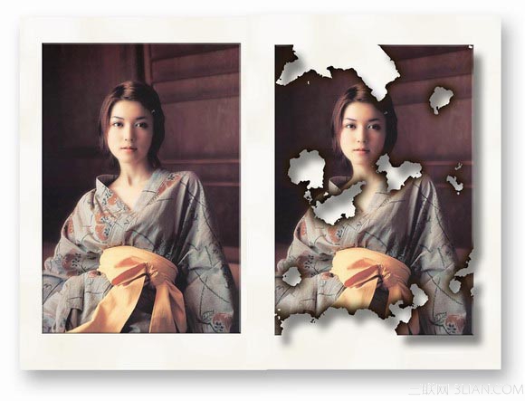PhotoShop将美女图片打造出破烂的烧纸效果