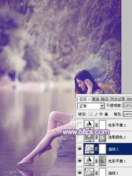 Photoshop将水塘边的美女加上漂亮的淡调黄紫色