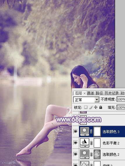 Photoshop将水塘边的美女加上漂亮的淡调黄紫色