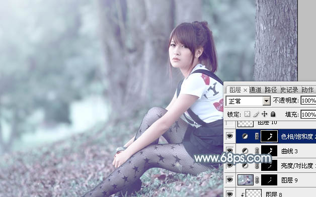 Photoshop为树林静坐的美女调制唯美的淡青色
