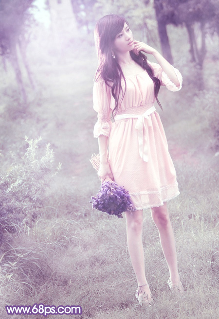 Photoshop将树林中的美女调制出梦幻的淡冷色