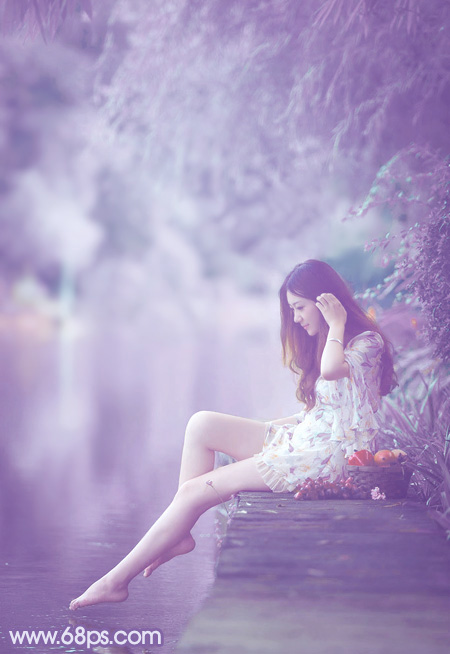 Photoshop为河岸边的美女打造出唯美的粉紫色