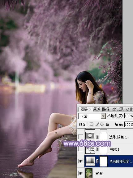 Photoshop为河岸边的美女打造出唯美的粉紫色
