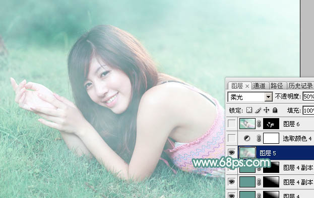Photoshop为趴在草地上的美女打造柔和唯美清爽的青绿色