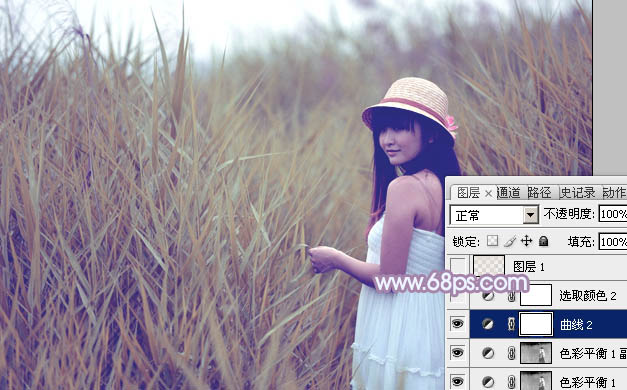 Photoshop将芦苇美女图片打造唯美的秋季冷色蓝紫色