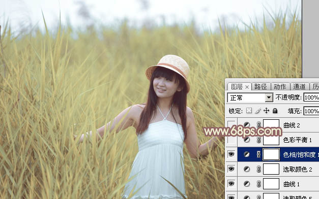 Photoshop将芦苇中的美女加上唯美的韩系淡黄色效果