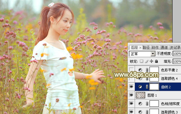 Photoshop利用Lab模式为野花中的美女加上甜美的粉色调