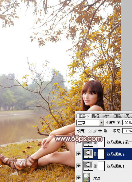 Photoshop为河边的美女加上漂亮的秋季粉红色