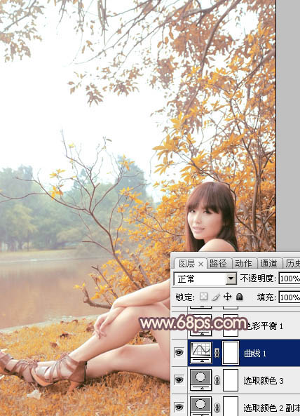 Photoshop为河边的美女加上漂亮的秋季粉红色