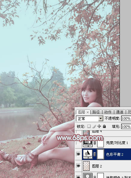 Photoshop为河边的美女增加柔和的韩系粉红色