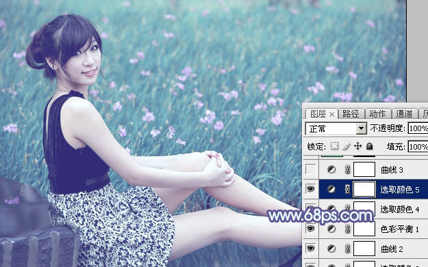 Photoshop将花草中的美女加上唯美梦幻的青蓝色
