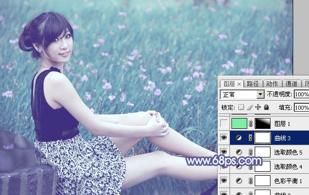 Photoshop将花草中的美女加上唯美梦幻的青蓝色