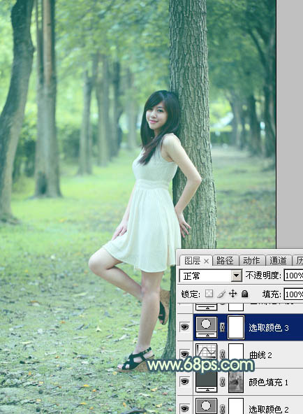 Photoshop为树林美女图片打造出柔和的青黄色