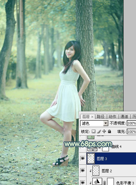 Photoshop为树林美女图片打造出柔和的青黄色