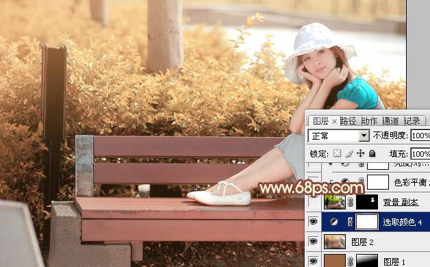 Photoshop为长凳上的美女打造出柔美的秋季红褐色
