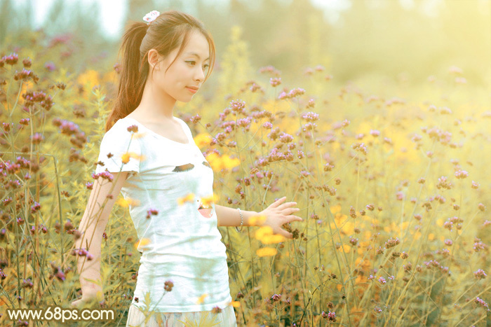 Photoshop为野花中的美女打造出唯美的粉黄色