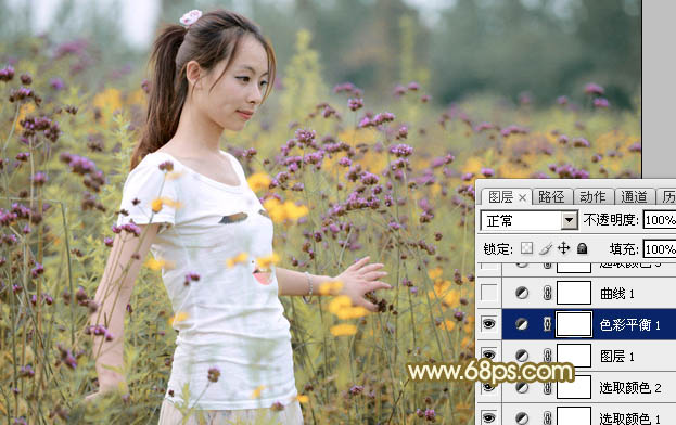 Photoshop为野花中的美女打造出唯美的粉黄色