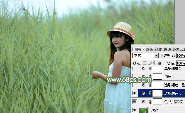 Photoshop给芦苇中的美女加上淡美清新的青黄色