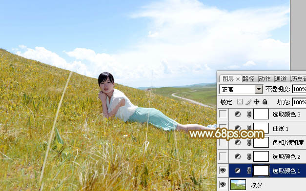 Photoshop为草坡上的美女调出秋季小清新的青黄色