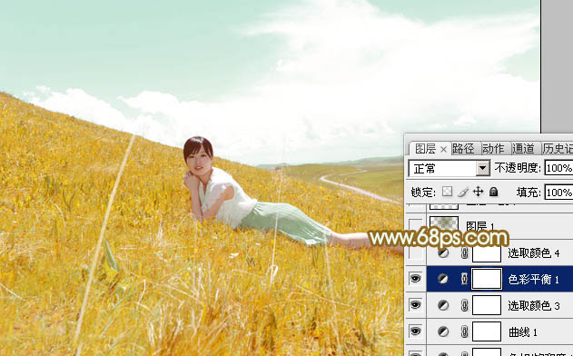 Photoshop为草坡上的美女调出秋季小清新的青黄色