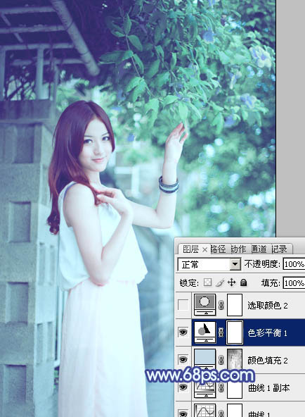 Photoshop将外景美女调出柔美的冷艳青蓝色