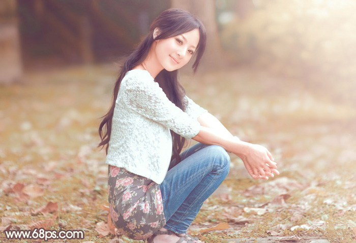 Photoshop将草地上的美女调制出古典中性红褐色