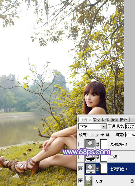 Photoshop为坐在河边的美女加上小清新的秋季橙黄色