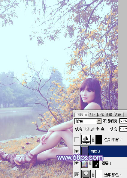 Photoshop为坐在河边的美女加上小清新的秋季橙黄色