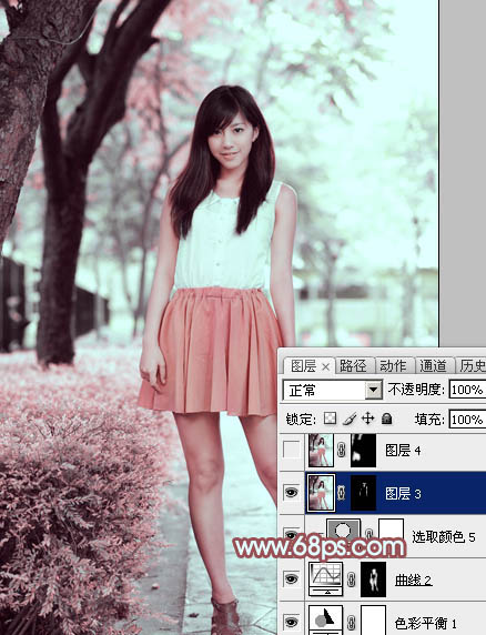 Photoshop为树下的美女图片调制出甜美的粉调青红色