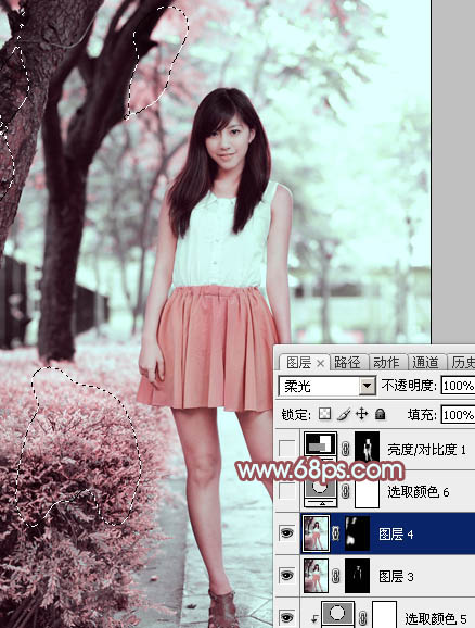 Photoshop为树下的美女图片调制出甜美的粉调青红色