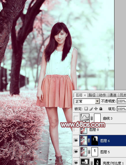 Photoshop为树下的美女图片调制出甜美的粉调青红色