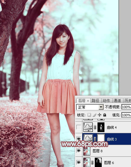 Photoshop为树下的美女图片调制出甜美的粉调青红色