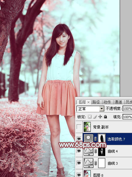 Photoshop为树下的美女图片调制出甜美的粉调青红色