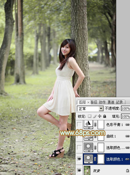 Photoshop将树林美女图片调制出柔和淡雅的黄绿色