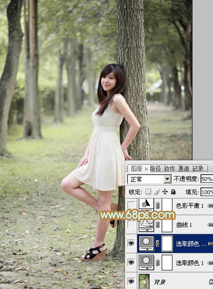 Photoshop将树林美女图片调制出柔和淡雅的黄绿色