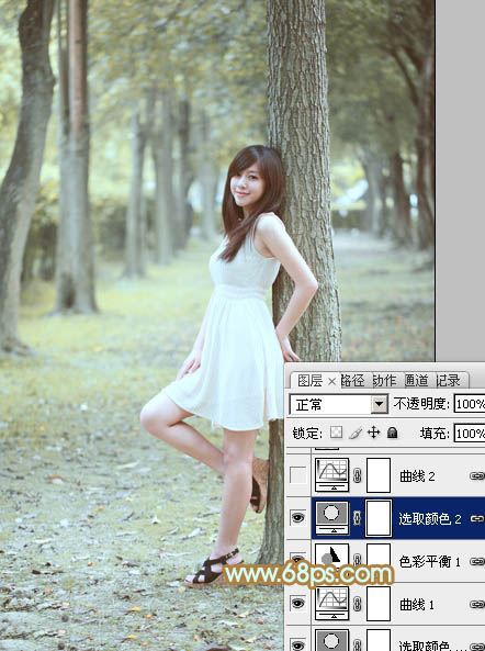 Photoshop将树林美女图片调制出柔和淡雅的黄绿色