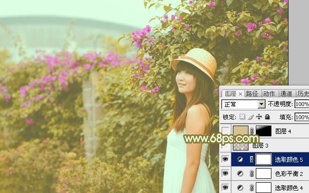 Photoshop将花草围墙边的美女图片调制柔和的韩系黄褐色