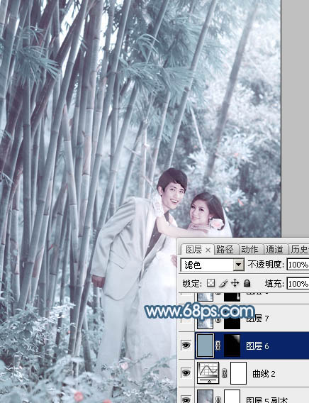 Photoshop为竹林婚片调制出梦幻复古的淡调青蓝色