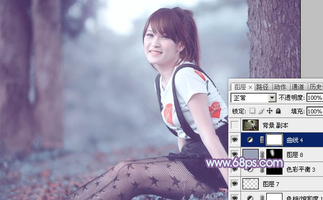 photoshop利用通道替换为树林美女增加柔美的淡调蓝紫色