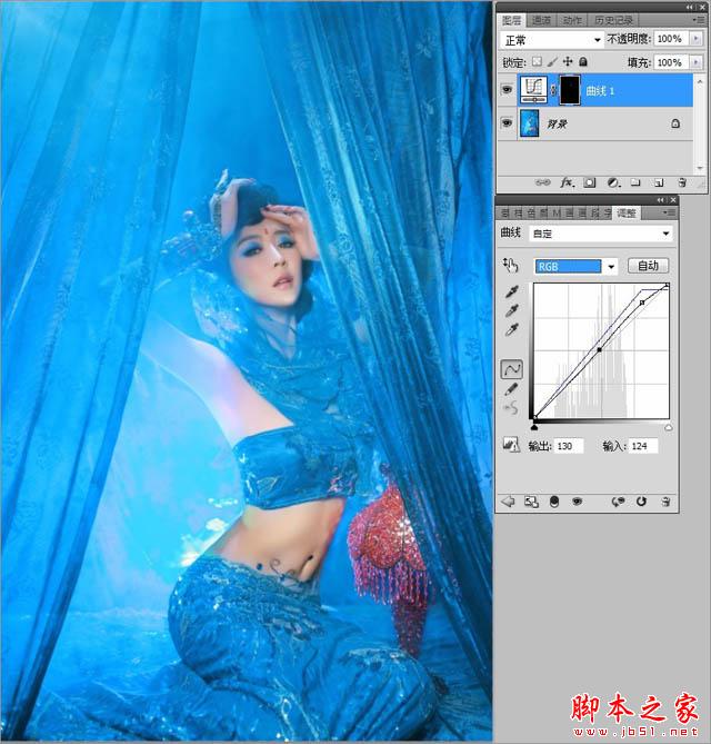Photoshop为室内古装美女增加梦幻的海底蓝色调