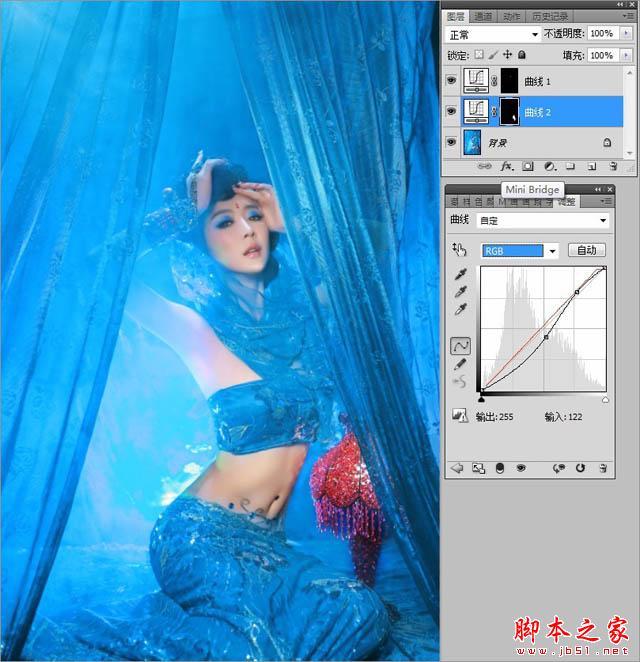 Photoshop为室内古装美女增加梦幻的海底蓝色调