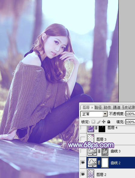 Photoshop将树林中的美女图片增加柔和的冷色(蓝紫色)
